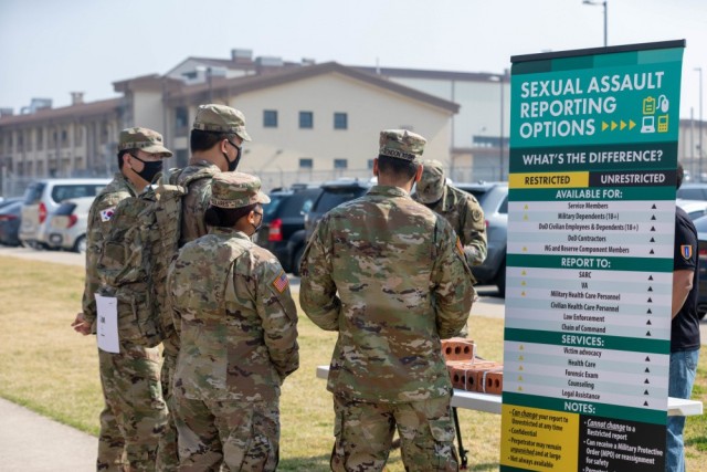 Soldiers of the 1st Signal Brigade Sexual Harassment/Assault Response and Prevention (SHARP) Team conduct Training on April 7, 2021 at Camp Humphreys, Korea. The Army recently conducted a pilot for an updated Training Support Package for SHARP that aims to provide a more engaging learning experience for Soldiers and Army Civilians.  