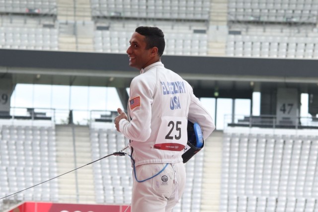 Sgt. Amro Elgeziry during the fencing bonus round of the men’s modern pentathlon at the 2020 Summer Olympic Games in Tokyo, Japan, Aug.7. Elgeziry, a Soldier-athlete in the Army’s World Class Athlete Program placed 25th at the end of the...