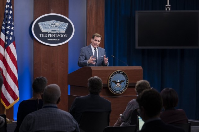 Pentagon Press Secretary John F. Kirby holds a press briefing, at the Pentagon, Washington, D.C., Aug. 17, 2021. (DoD photo by U.S. Air Force Staff Sgt. Julian W. Kemper)