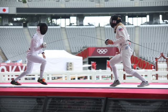 Sgt. Samantha Schultz during the fencing bonus round event of women’s modern pentathlon at the 2020 Summer Olympic Games in Tokyo, Japan, Aug 6. Schultz, a Soldier-athlete in the Army’s World Class Athlete Program, placed 21st overall.