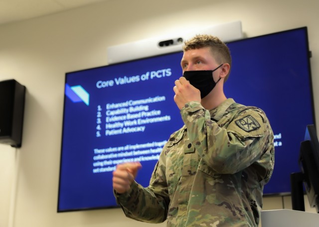 Cadet Lawrence Randall, a native of Wylie, Texas, and student at Stephen F. Austin State University at Nacogdoches, Texas, provides a presentation as part of the Landstuhl Regional Medical Center’s Nurse Summer Training Program at LRMC, Aug. 13.