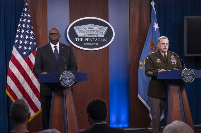 Secretary of Defense Lloyd J. Austin III and Army Gen. Mark A. Milley, chairman of the Joint Chiefs of Staff, brief the media on Afghanistan, the Pentagon, Washington, D.C., Aug. 18, 2021. (DoD photo by Air Force Staff Sgt. Julian Kemper)