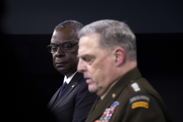 Secretary of Defense Lloyd J. Austin III and Army Gen. Mark A. Milley, chairman of the Joint Chiefs of Staff, brief the media, the Pentagon, Washington, D.C., Aug. 18, 2021. (DoD photo by Lisa Ferdinando)