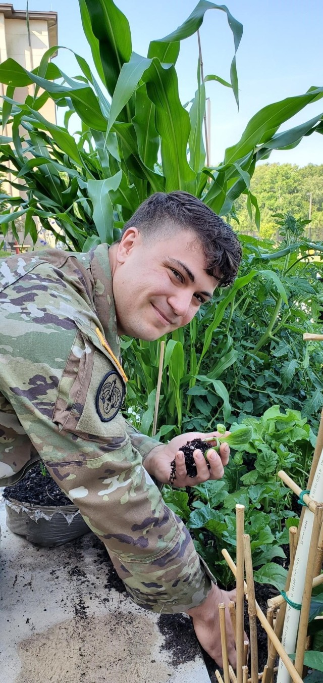 Spc. Theodore Demko, a Soldier assigned to the Fort Benning Soldier Recovery Unit, Georgia, tended plants in the Fort Benning SRU garden. The garden helps Soldiers interact outdoors while social distancing during the COVID-19 pandemic. (Photo courtesy of Chaplain Cheonchong Kim)