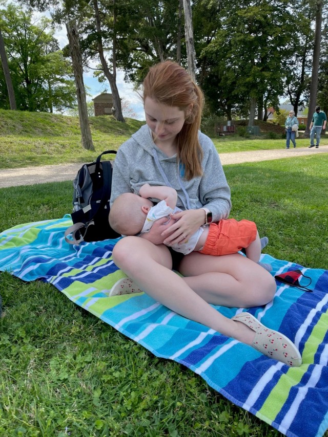 Sgt. Natalie Meinichenko, noncommissioned officer in charge of Deployment Medical Readiness Clinic at Fort Eustis, Virginia, with son Oliver. For National Breastfeeding Month, the Army Public Health Center is encouraging all leaders and Soldiers to increase awareness of the benefits of supporting breastfeeding in the military workplace. 