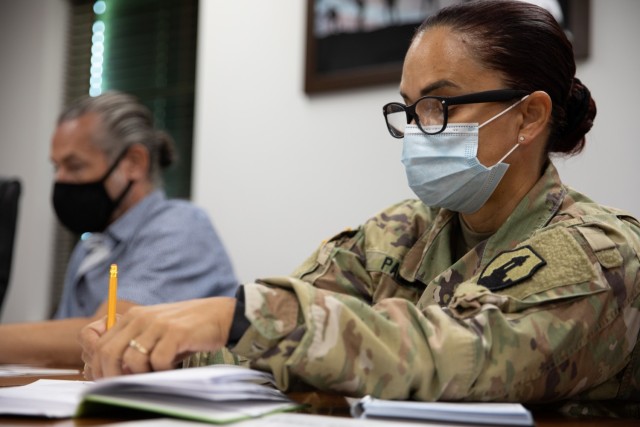 FORT BUCHANAN, P.R.—The 1 st Mission Support Command conducts a civilian awards recognition board for rating cycle 2021 at the command’s headquarters, Aug 15, 2021. Lt. Col. Cynthia M. Pagan, 1 st MSC deputy human resource, reviewed packets...
