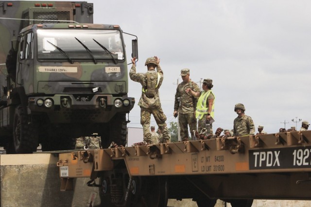 Soldiers work together to direct vehicles Aug. 16 at the Campbell Rail Operations Facility in support of 3rd Brigade Combat Team’s upcoming Joint Readiness Training Exercise rotation at Fort Polk, La.