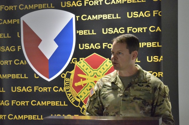 Colonel Anthony Q. Jordan, Fort Campbell garrison commander, delivers remarks Aug. 18 during a press conference at garrison headquarters as part of a two-day full-scale exercise.