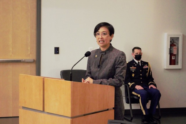 Dr. Ana-Claire Meyer delivers remarks during her Senior Leadership induction ceremony on Friday, August 13, at the Fort Detrick Auditorium.