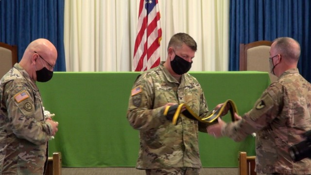 (left) Col. Jarrod Moreland, Commander, U.S. Army Garrison-Fort Huachuca presents a stole to Chaplain (Lt. Col.) Shay Worthy the incoming Garrison Chaplain at a ceremony at the Main Post Chapel.