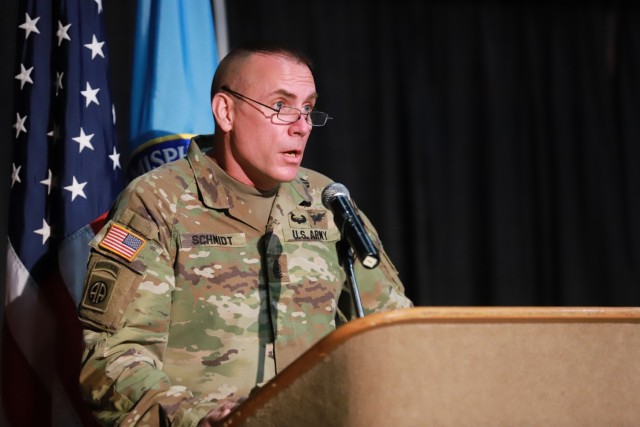 CSM Jason Schmidt, commandant for the U.S. Army NCOLCoE and the U.S. Army Sergeants Major Academy delivered remarks to students and cadre during WHINSEC's combined graduation held on August 19. U.S. Army Photo by SGT Vladimir Varlack