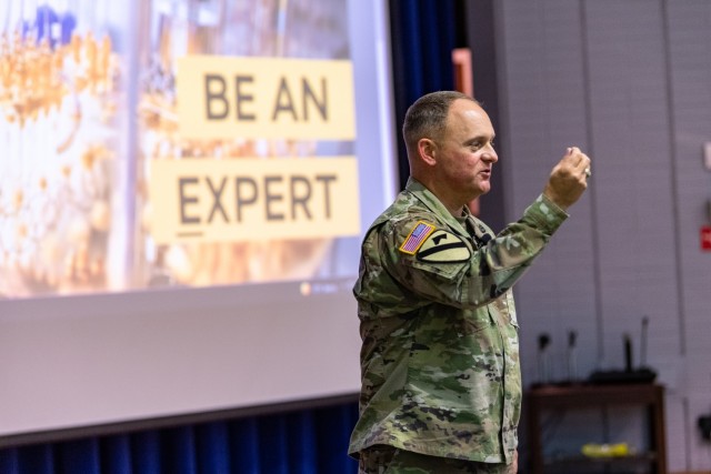 Brig. Gen. Miles Brown addresses the DEVCOM Army Research Laboratory during an Aug. 23, 2021, town hall meeting at the Adelphi Laboratory Center, Maryland.