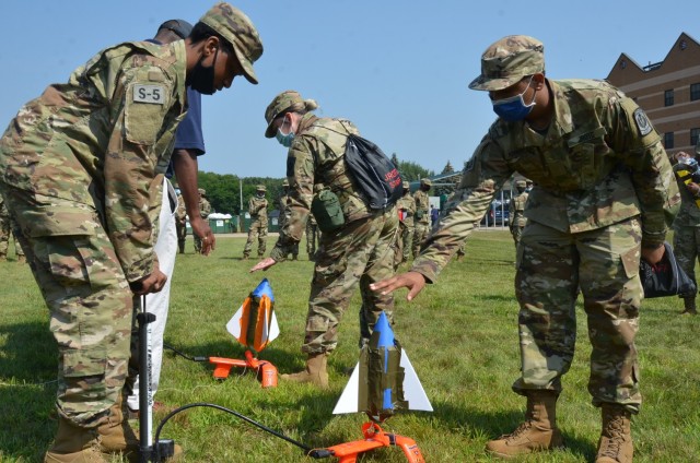 JROTC cadets prepare to launch water rockets at a STEM Day camp Aug. 5 at Fort Custer, Mich. (U.S Army photo by Jerome Aliotta)