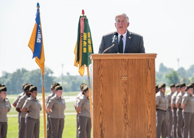 Missouri Governor Mike Parson visited Fort Leonard Wood Aug. 26, where he provided remarks at a Military Police One Station Unit Training graduation ceremony and then was honored with the Order of the Marechaussee in steel by Brig. Gen. Niave...