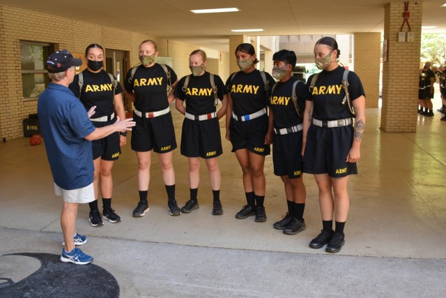 Retired Command Sgt. Maj. Jenny Clement speaks to women Basic Combat trainees in the Field Artillery MOS. The women, from B Battery, 1st Battalion, 19th Field Artillery, will graduate Basic Combat Training Aug. 27, 2021, at Fort Sill, Oklahoma.