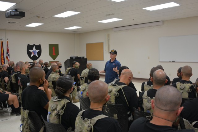 Retired Command Sgt. Maj. Jenny Clement, the only active-duty woman CSM in field artillery, talks with Basic Combat trainees from A Battery, 1st Battalion, 19th FA at Fort Sill, Oklahoma. Speaking to Class 60-21 that will graduate Aug. 27, 2021,...