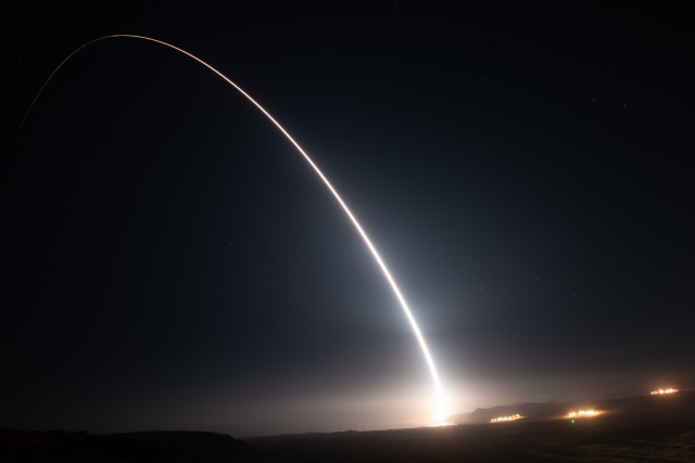 An unarmed Minuteman III intercontinental ballistic missile launches from Vandenberg Space Force Base, California, during an Air Force Global Strike Command operational test, Aug. 11. The vehicle impacted in a pre-established target zone roughly 4,200 miles away near the U.S. Army Space and Missile Defense Command’s Ronald Reagan Ballistic Missile Defense Test Site on Kwajalein Atoll in the Republic of the Marshall Islands. During these tests, RTS personnel provide cradle-to-grave support for every mission, which includes requirements definition for the test, environmental impact assessment, range scheduling, range safety and logistical support. (U.S. Space Force photo by Michael Peterson)