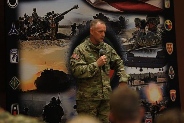 CSM Todd Sims gives a speech to the FORSCOM retention teams at Cole Park Commons. We will prepare for our role in a future conflict by modernizing the force, fostering a culture of innovation, and demonstrating excellence.