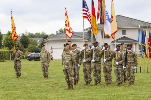 Command Sgt. Maj. Christopher Truchon stands at the front of the formation at the close of the IMCOM-Europe Change of Responsibility ceremony Aug. 27 at USAG Wiesbaden&#39;s Clay Kaserne.