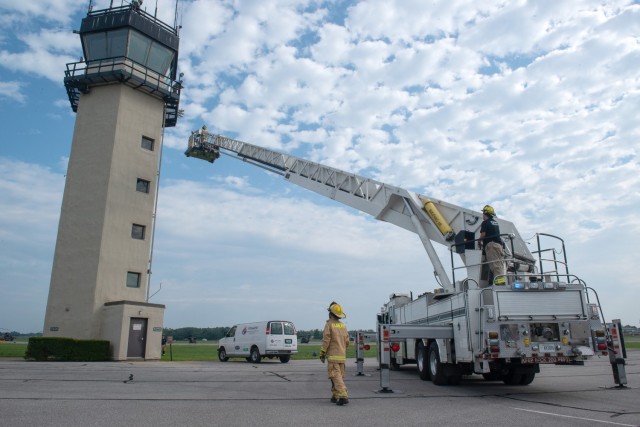 The Flaherty Fire Department conducts a practice rescue operation at the Godman Field air traffic control tower Aug. 25, 2021.