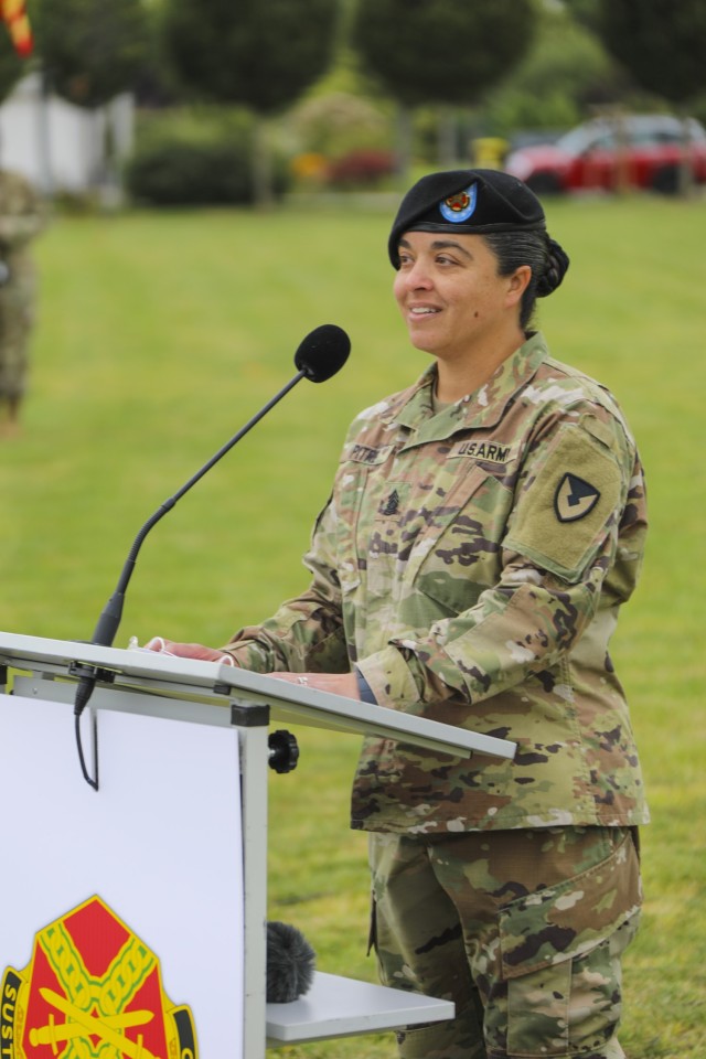 Outgoing IMCOM-Europe Command Sgt. Maj. Samara Pitre speaks at the Change of Responsibility ceremony Aug. 27 at USAG Wiesbaden&#39;s Clay Kaserne. Pitre said her four years in Europe felt like they went by in “the blink of an eye,” she spent...