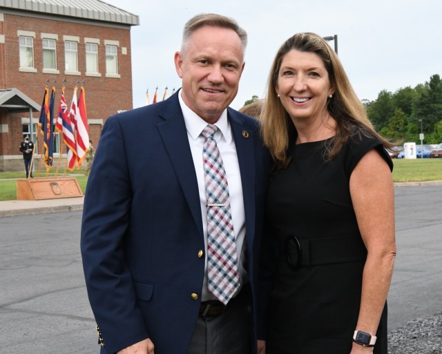Michael "Sonny" Mitchell, Fort Drum Retirement Services chief, welcomes Brenda Pennels, civilian aide to the secretary of the Army (CASA) for the state of Maine, as guest speaker at the 2021 Retiree Appreciation Day opening ceremony Aug. 28 at...