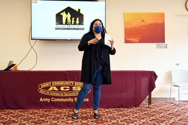 Sonia Lin, a community volunteer and teacher, speaks about Soldier and Family Readiness Groups during the Presidio of Monterey Military Spouse Orientation at the General Stilwell Community Center, Ord Military Community, Calif., Aug. 23.
