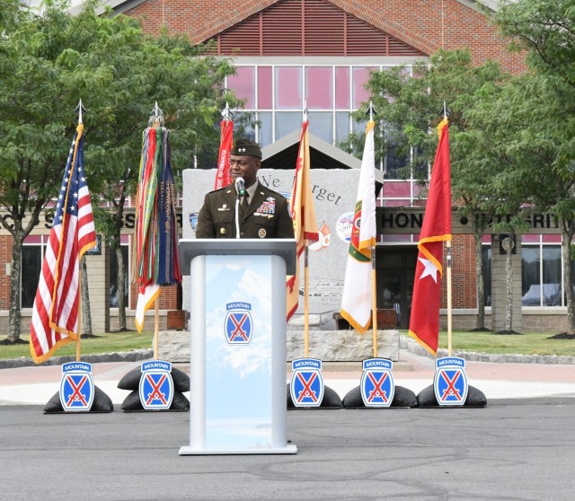 Maj. Gen. Milford H. Beagle Jr., 10th Mountain Division (LI) and Fort Drum commander, delivers opening remarks at the 2021 Retiree Appreciation Day opening ceremony Aug. 28 outside Clark Hall. (Photo by Mike Strasser, Fort Drum Garrison Public...