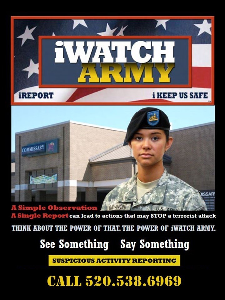 See Something Say Something - iWatch brochure with female soldier text reads a simple observation a single report can lead to actions that may stop a terrorist attack. Think about the power of that. The power of iWatch Army. 