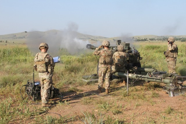 Spc. Matthew Rayburn, B Battery, 2nd Battalion, 2nd Field Artillery gunner, fires another round downrange during direct fire training Aug. 27, 2021, at Fort Sill, Oklahoma. Primarily a Paladin man, Rayburn said he enjoyed seeing his rounds impact the target.