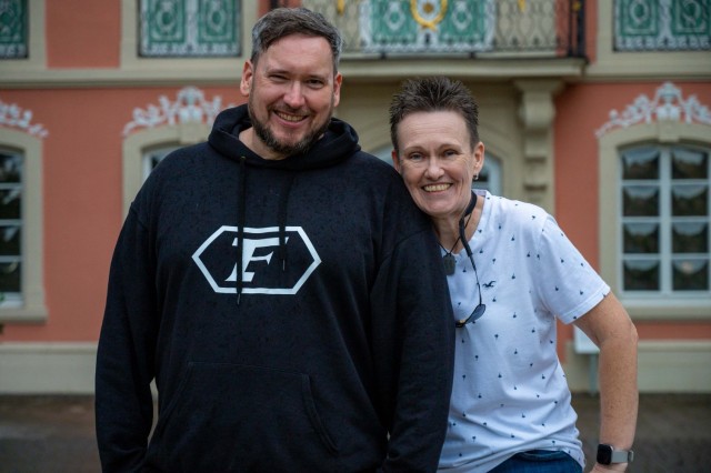Natalie Clarke-Knight and Mark Wamsler pose for a photo in their hometown of Schwäbisch Gmünd.