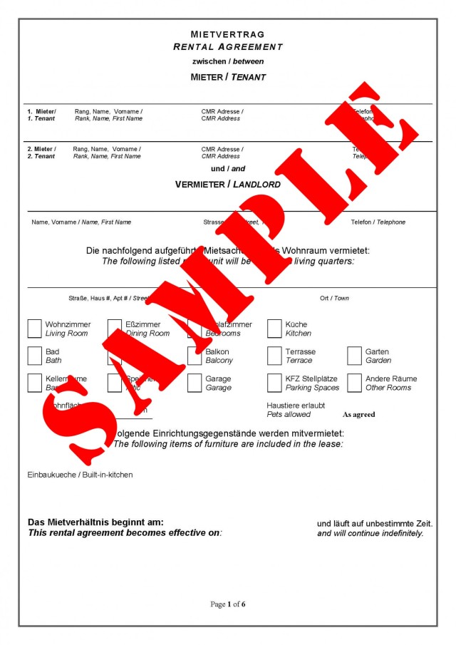 When you lease a home in Germany be sure to use the form from the housing office as it will clarify responsibility for certain things and gives clear descriptions on the residence, parking, repairs and other issues which will make your stay here...
