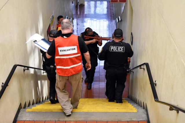 U.S. Army Garrison Presidio of Monterey personnel hold an active-shooter response drill at the Price Fitness Center, Presidio of Monterey, Calif., Aug. 5, 2021.