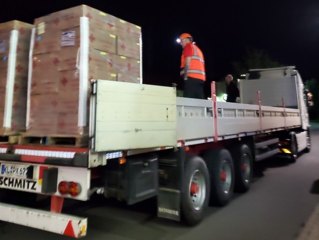 A truck is loaded with American Red Cross comfort item sundry packs at Barton Barracks in Ansbach, Germany. In total, 15,000 sundry packs were brought from Ansbach to Ramstein Air Base to support Afghan evacuees being housed there as part of Operation Allies Refuge. (Photo by Amanda Pursley, USAG-Ansbach American Red Cross field office coordinator)