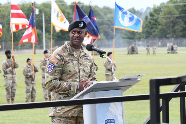 Maj. Gen. Milford H. Beagle Jr., 10th Mountain Division (LI) and Fort Drum commander, addresses the audience at the Salute to the Nation ceremony Sept. 1 on Division Hill during Mountainfest. (Photo by Mike Strasser, Fort Drum Garrison Public Affairs)