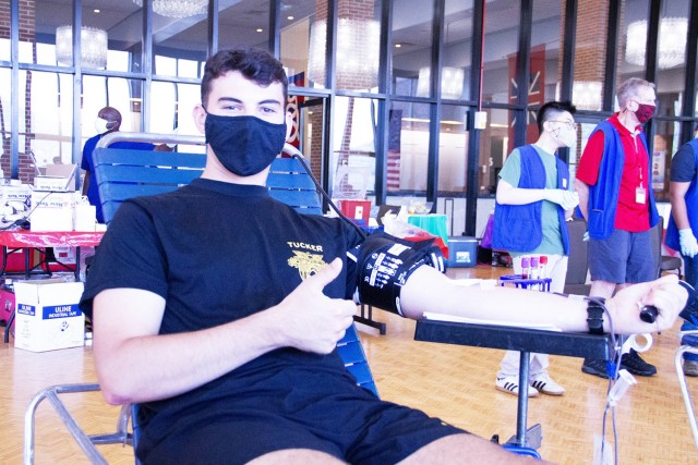 Class of 2024 Cadet Alexander Tucker donated his blood to the New York Blood Center Blood Drive in response to a national blood supply shortage due to the COVID-19 Delta variant.