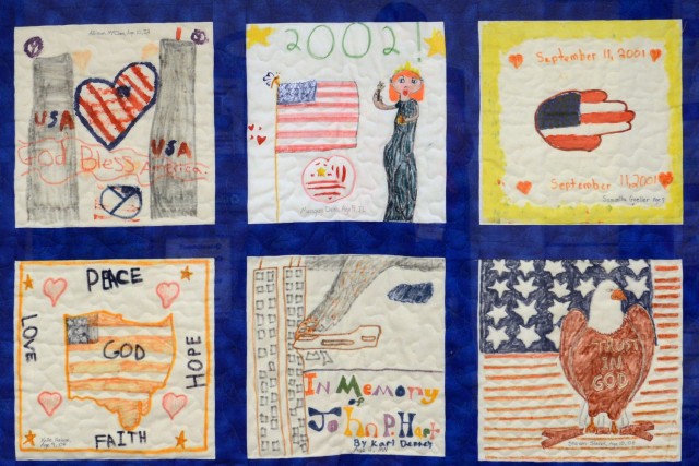A closeup of the &#34;Hearts Across America&#34; quilt on display at the Pentagon Quilts memorial, Washington D.C., Aug. 20, 2021. The series of 40 commemorative quilts were previously donated by children, civilians, churches, companies, and artists, and pay homage to the victims, survivors, first responders, and families.