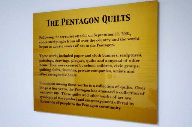 The Pentagon Quilts memorial features a series of 40 commemorative quilts, previously donated by children, civilians, churches, companies, and artists. The display honors all the victims, survivors, first responders, and families. 