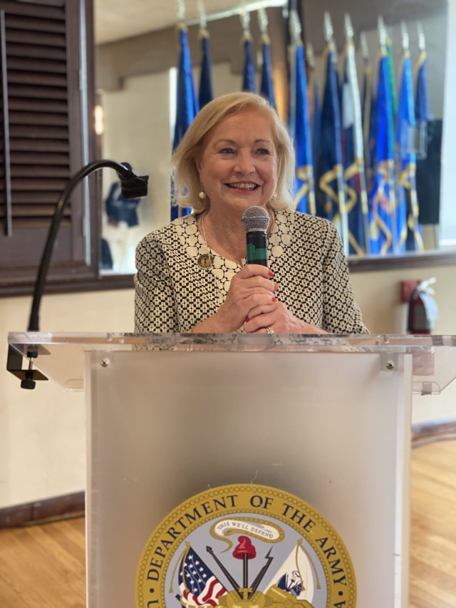 Retired Col. Mary Westmoreland, president of the Association of the United States Army Greater New York Statue of Liberty Chapter, speaks at a Women’s Equality Day Observance at the Community Club on Fort Hamilton, N.Y., Aug. 31, 2021.