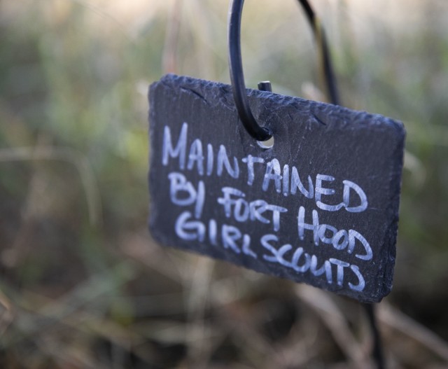 A sign hangs in a community garden bed on Fort Hood, Sep. 8, 2021. Each bed has a sign of who owns the planter. (U.S. Army photo by Sgt. Melissa N. Lessard