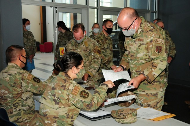 Washington Air National Guardsmen out-process on August 27, 2021 at Camp Murray, Wash.  The Air Guardsmen will deploy to Joint Base McGuire-Dix-Lakehurst, NJ in support of Operation Allies Refuge to help process Afghan evacuees.
(Air National Guard photo by TSgt Emily Moon/Released)