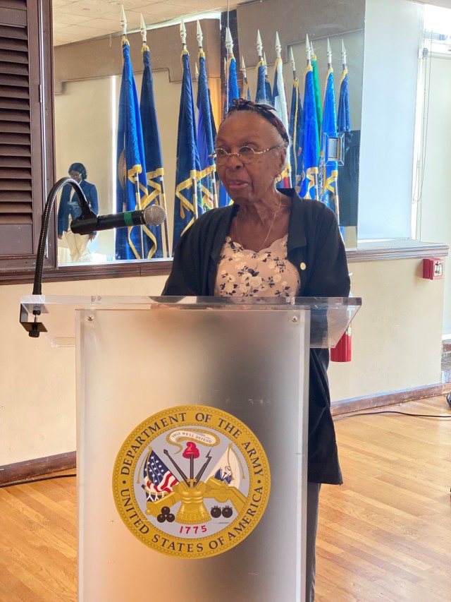 Lorraine West speaks at a Women’s Equality Day Observance, Aug. 31, 2021, at the Community Club on Fort Hamilton, N.Y., Aug. 31, 2021.  West shared her experiences as a U.S. Army corporal from 1949 to 1952, serving honorably with one year and three months deployed in support of the Korean Conflict defense effort in the 2nd Infantry Division, attached to the Yokohama Engineering Depot in Japan.