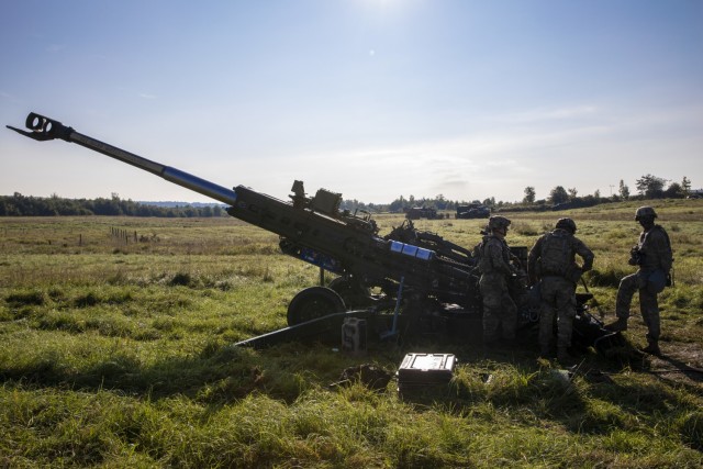 Soldiers with Archer Battery, Field Artillery Squadron, 2nd Calvary Regiment, prep their assigned M777A2 Howitzer during the live-fire exercise Saber Junction 21 Sept. 1, 2021, in Grafenwoehr Training Area, Germany. The U.S. Army Europe and Africa...