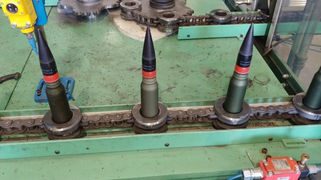 30mm rounds in-process through APE-2271. The rounds are disassembled from the energetic components and the separate waste streams are consolidated and processed in bulk to increase overall throughput.