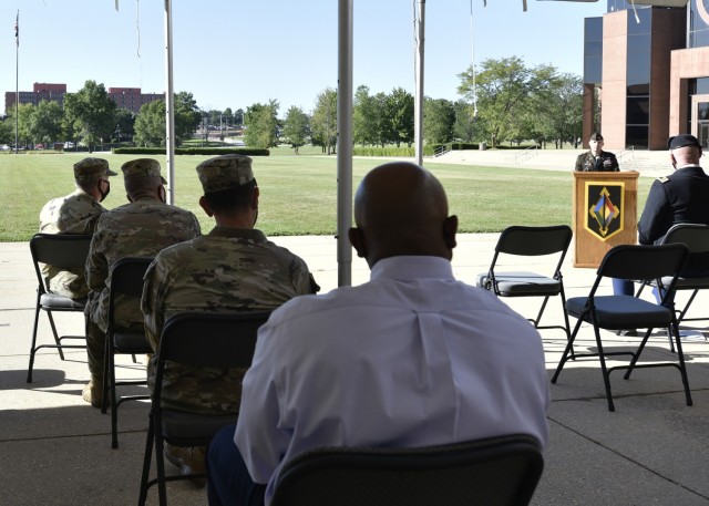 Col. Jeff Paine, U.S. Army Garrison Fort Leonard Wood commander, speaks at the Patriot Day remembrance ceremony Sept. 9 at the Maneuver Support Center of Excellence Plaza. Paine recalled some of the heroes of 9/11, and concluded that love and sacrifice for each other and the nation should be the response of Americans to the hate that, “changed our lives 20 years ago.”