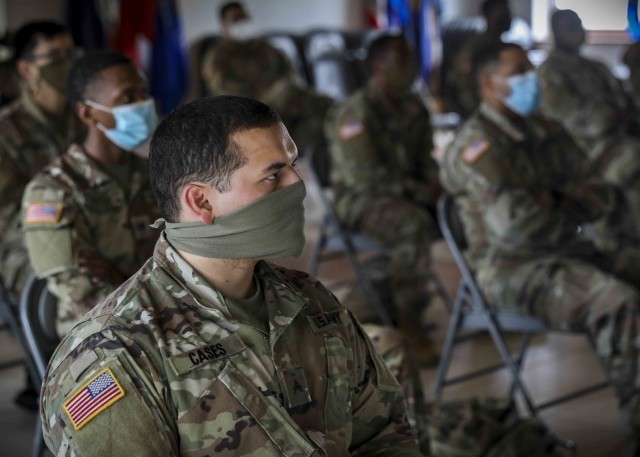 U.S. Army Soldiers attending the Basic Leadership Course participate in a suicide prevention course in Grafenwoehr, Germany, July 17, 2020.