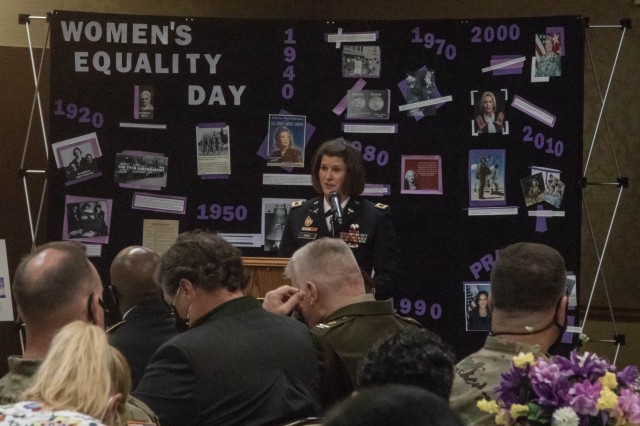 Col. Tara Hall, commander of Moncrief Army Health Clinic, speaks during Fort Jackson&#39;s 2021 Women&#39;s Equality Month luncheon