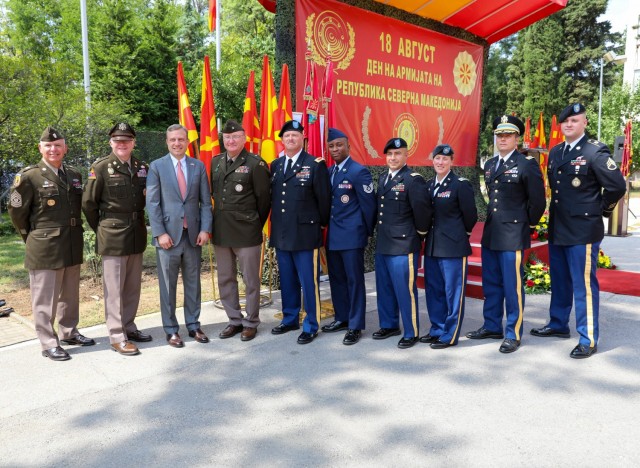 Members of the Vermont National Guard attend a celebration for Army Day at the Ministry of Defense in Skopje, North Macedonia, Aug. 18, 2021. The holiday commemorates the creation of the Mirče Acev battalion in 1943. The battalion laid the foundation of the People's Liberation Army of Macedonia that fought against the Axis forces during WWII. (U.S. Army photo by Sgt. Gloria Kamencik)
