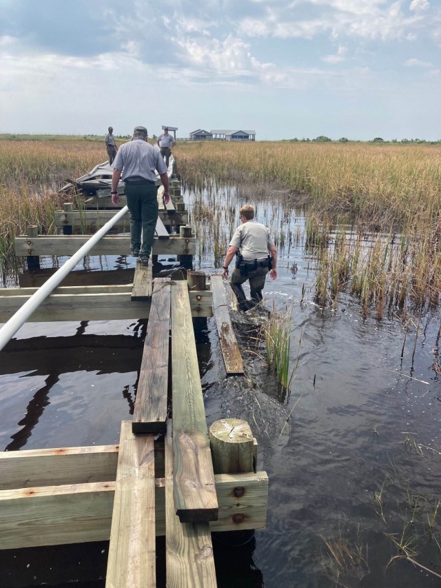 Mobile District survey crews check out one of the Mississippi Gulf Coast barrier islands after Hurricane Ida hit the Gulf Coast on Sep. 3, 2021. The barrier islands did their job as they protected mainland Mississippi Coastline from getting hit...