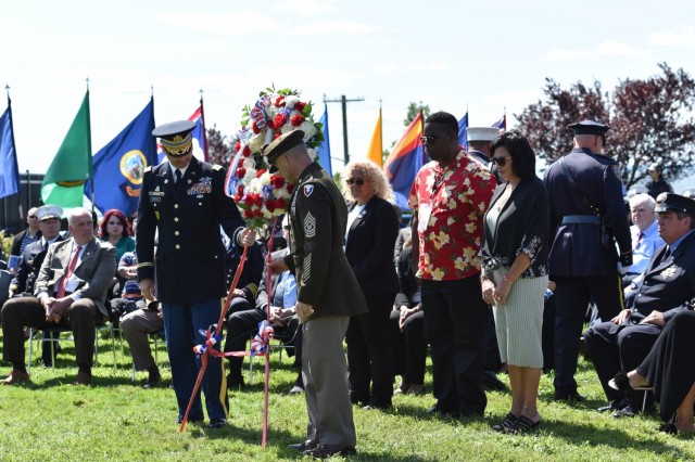 A wreath was laid during the 9/11 Remembrance Ceremony on Fort Hamilton, N.Y. Sept. 10, 2021. The ceremony paid tribute and honored the memory of nearly 3,000 people who lost their lives 20 years ago during the tragic events on Sept. 11, 2001.